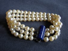 Perlenarmband Damen, 3-gliedrig aus 835er Silber mit blauem Verschlussstein