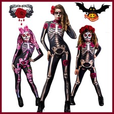 Damen Skelett Kostüm Kleid Gebeine Horror Halloween Karneval Catsuit Overall DE