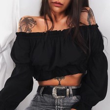 sexy Damen Oberteil T-Shirt Chiffon Crop Top Schulterfrei Carmen schwarz Party