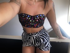 Sexy Damen Pailetten Bustier Crop Top Cut Outs Party Oberteil Schwarz 34-36