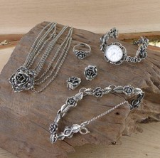 Tolles Rosen Trachten Schmuckset Uhr Armband Kette Ohrclips Ring in 835 Silber