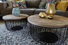 couchtisch beistelltisch mangoholz massiv metallkorb schwarz