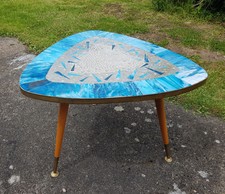 Tisch 60er Jahre Beistelltisch Couchtisch Nierentisch Blau Weiß Mosaik Stein 