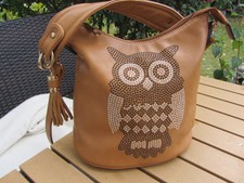 Umhängetasche Henkeltasche NEU Kunstleder cognac Eulenmotiv NEU 40 Euro