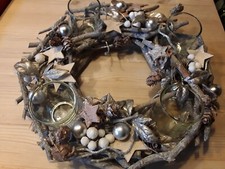 Adventkranz Natur Weiß Silber Holz 30 cm NEUWERTIG 