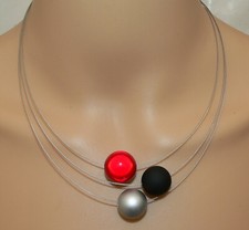3 reihiges Collier Halskette Perlen schwarz silber grau 16/18mm Miracle Rot 154