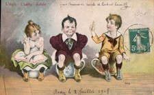 Humor-Künstler-AK, das Gehör!! Nachttopf, Kinder auf dem Topf um 1900