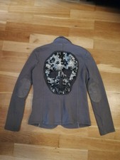 uldahl Damen Blazer Jacke Glitzer Totenkopf Skull Patches Leder Grau Gr.S 36 Neu