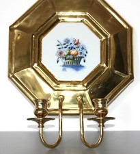 Walther Blaker Messing Handarbeit f. 2 Kerzen mit Porzellankachel - Wandleuchter