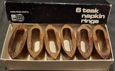 6 Vintage geometrische ovale Teak Serviettenringe von Hong Kong Crafts in OVP