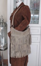 HALLHUBER Leder-Tasche, Velourleder, Fransen mit Quaste, grau