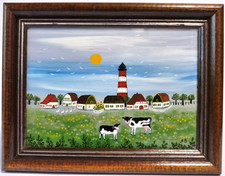 UNIKAT Naive Malerei Acryl auf Glas 18x13 cm Dorfansicht mit Leuchtturm Kühe