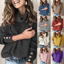 Damen Langarm Knopf Rollkragenpullover Strickpullover Pulli Herbst Sweater Tops