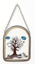 Altes Fensterbild Glasbild Zinnrahmen " Baum " zweifarbig mit Kette 9 x 11,5 cm