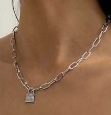 Chunky Chains Glieder Halskette Silber Farben Kristall Schloss Damen Modeschmuck