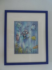 Wandbild Regenbogenfisch Kinderzimmer Holzrahmen blau Passepartout 43x53