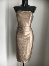 Damen Kleid Party Pailletten Next Kurz Mini Cocktailkleid GOLD schulterfrei Tube UK 12