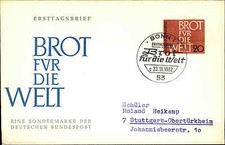 1962 Bund Erstausgabe Brot f.d. Welt 20 Pfennig auf Brief Sonderstempel von Bonn