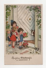 Alte AK Postkarte Fritz Baumgarten Kinder an der Tür Hunde... Geburtstag