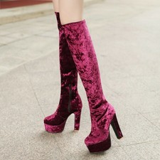 Damen Plateau Blockabsatz Samt Overknee Stiefel Sexy Große Größe 34-48 Nachtclub