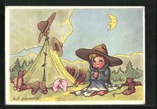 AK Pfadfinder sitzt im Mondschein vor dem Zelt, Camping 1953 