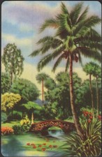 Spielkarten Einzelkarte alt Vintage PALMENGÄRTEN + FLUSSBRÜCKE Gemälde
