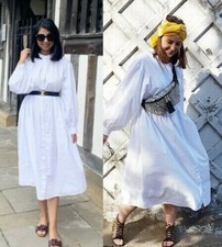 H&M weiß Baumwolle Popeline Baumwolle Ballon Ärmel lose Passform Shirt Midi Kleid M NEU