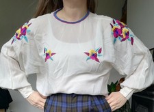 Vintage Escada 80s weiss Reine Seide Shirt Bluse Folk cottagecore Größe 42 M L S