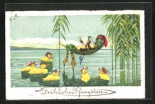 AK Frosch auf Hängematte und Enten, Pfingsgruß, vermenschlichte Tiere 1928 