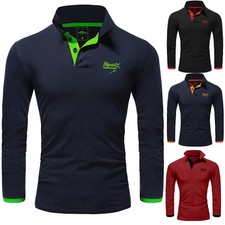 Herren Poloshirt Basic Kontrast Stickerei Kragen Langarm Polohemd T-Shirt R-0057