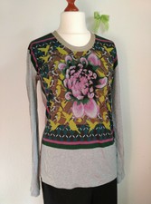 Schumacher Shirt Gr.4 XL 40 42 Langarm Blumen Vogel Muster Grau Schwarz Bunt