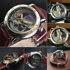 Luxus Herren Skeleton Brücke Leder Steampunk Automatische Mechanische Armbanduhr