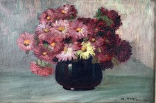 Altes Ölbild Ölgemälde Gemälde  Stillleben Blumen Gerbera Maler H. Tiel