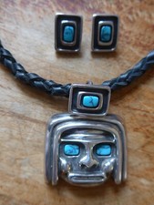 Halskette+Ohrringe Mexiko Maya Silber 925/ Türkis Set Handarbeit 90er Vintage 