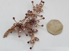 Große 3d Glitzernde lila rosa Strass Floral Spray Bouquet Gold Tone Brosche