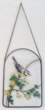Fensterbild Glasbild Zinnrahmen " Meise " mehrfarbig mit Kette 14 x 20,5 cm