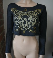 Fabulous RIVER ISLAND grau beschnittener Oberteil Pullover Tigerkopf Gold Silber Nieten 8 S 34