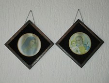 2 ANTIKE HEILIGEN BILDER MUTTER GOTTES + JOSEF MIT JESUS KIND SCHUTZBILD ~ 1900