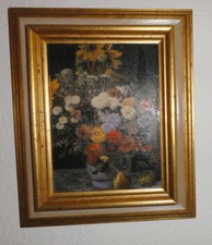 Bild Stillleben mit Blumen und Obst im Bilderrahmen gold farbend Bilder Rahmen