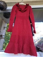 Wunderschönes Strickkleid Mohair Volants Grobstrick Midi Länge Rot,38/40,Top Zus