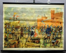 retro Wandkarte Rollbild vintage Poster Mittelalter Feste Burgen Ritter Schiffe