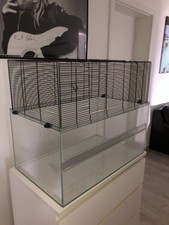 Kleintierkäfig, Hamsterkäfig, Glas/Metall, 75 x 44,5 x 63 cm, Front und Dachluke