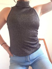 Vintage 90s schwarz Glitzer Ärmellos Roll Hals Top UK 10