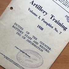 ORIGINAL ZWEITER WELTKRIEG BRITISCHE ARTILLERIEBROSCHÜRE: PFLICHTEN DES GEGENBATTERIEPERSONALS, 1938