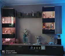 4 teilige Wohnwand Eiche Braun Hochglanz Glas