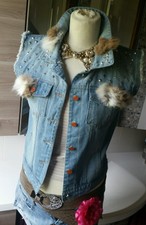 Jeans Weste Sexy Rabitt Fell Nieten Festival Strass Glitzer Studs Jacke Swag S/M