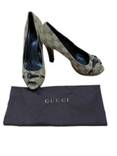 Gucci Damenschuhe Monogramm GG Pferdebit Peep Toe braun Canvas EU 37 UK 4