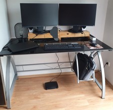 schreibtisch metall glasplatte beschichtet schwarz ablagefach für tasche o. deko