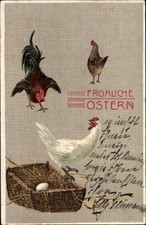 Litho Glückwunsch Ostern, Hahn vertreibt Huhn aus dem Nest - 2854396