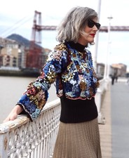 *selten* ZARA mehrfarbige schwarze Paillettenpullover Strick M Glockenärmel mit hohem Ausschnitt